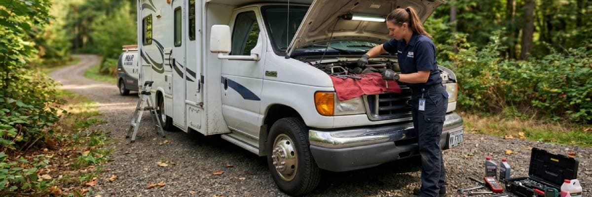 RV repair technician servicing a motorhome in Florida